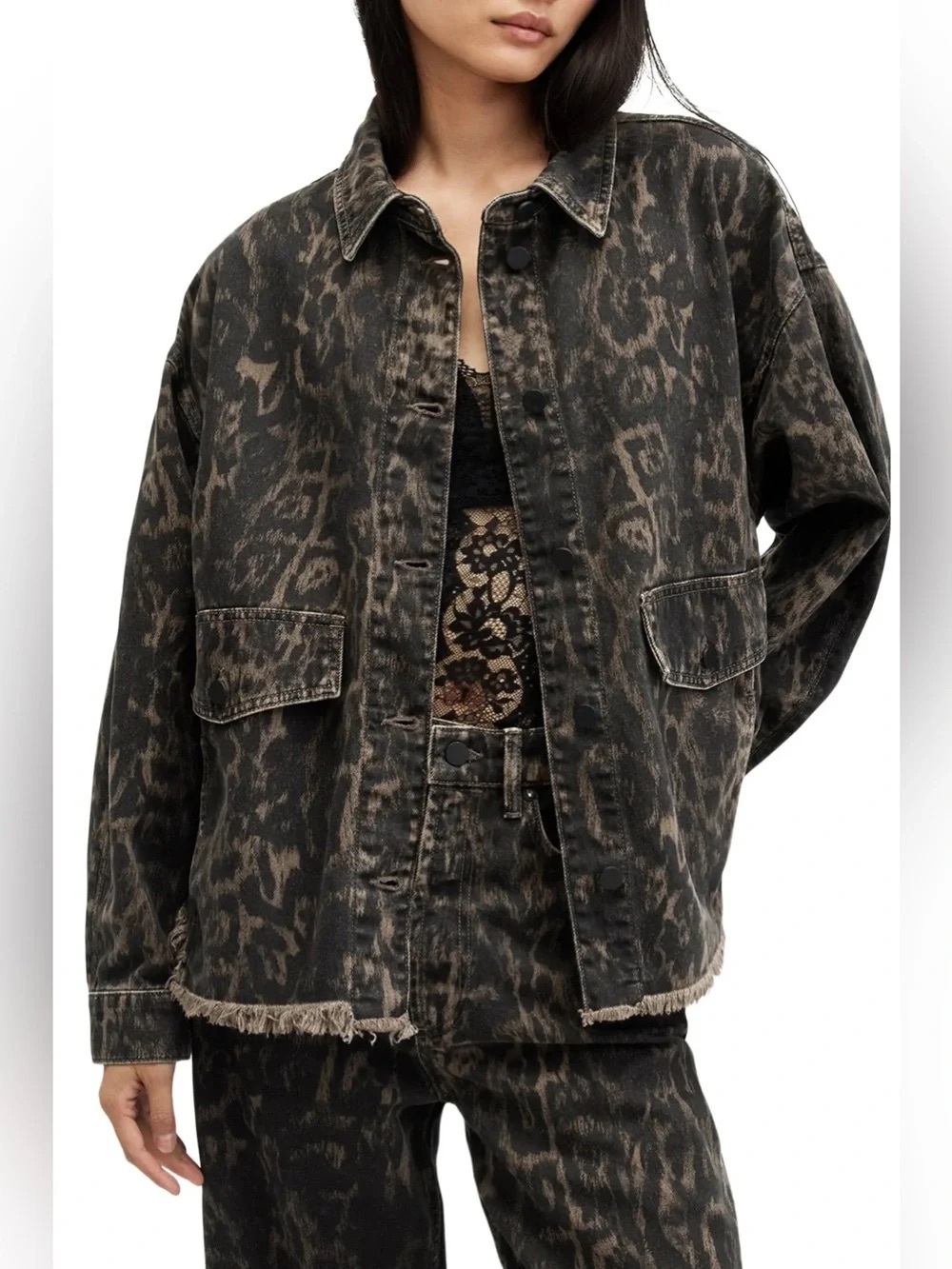 AllSaints Hettie denim shacket in Brown Leopard Size 6